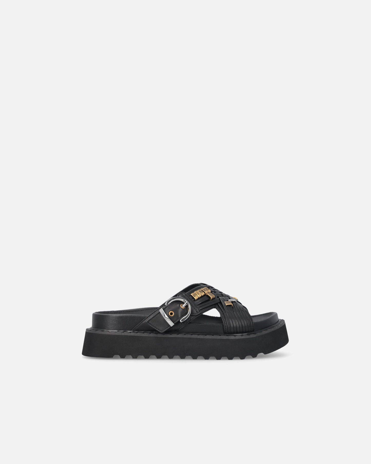 Woven nappa leather slip-on sandals with metallic rings