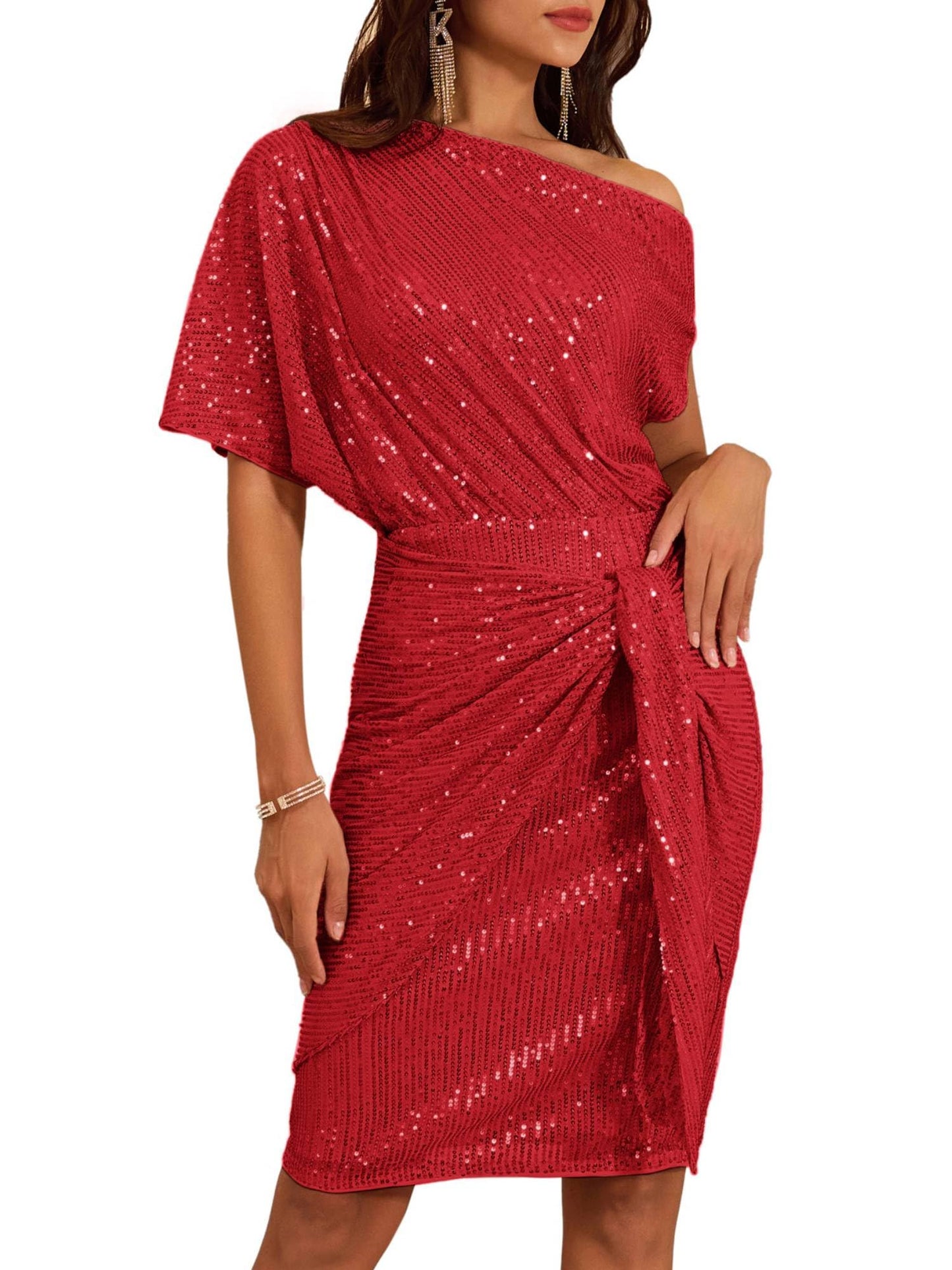 ⏰Hot Sale-Damen Pailletten Glitzer One-Shoulder gerafftes Bodycon-Kleid (Kaufe 2 versandkostenfrei)