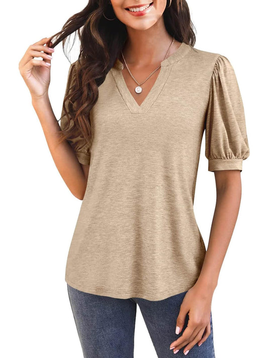 Damen V-Ausschnitt T-Shirt mit Puffärmeln (3 kaufen, gratis Versand)