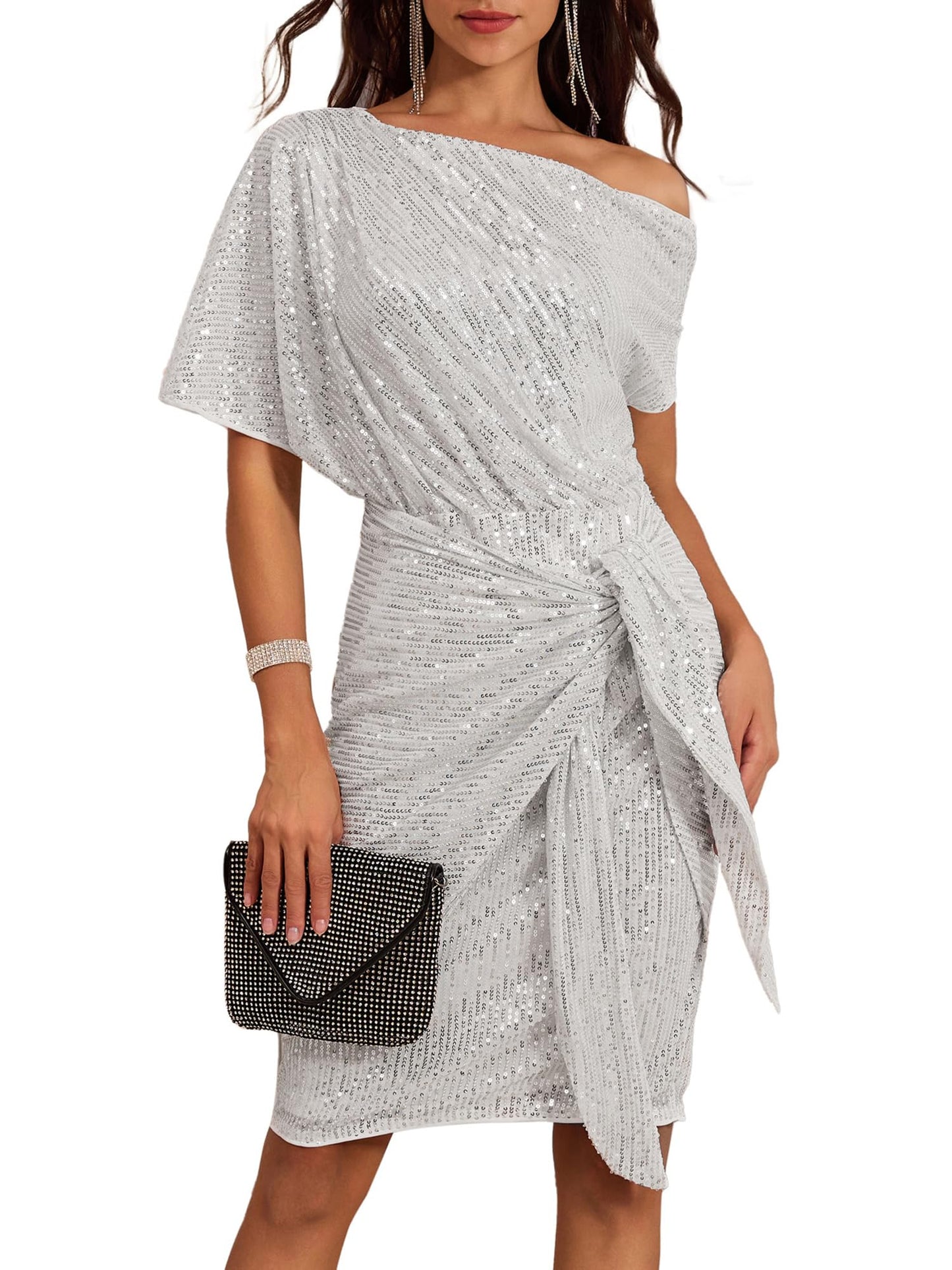 ⏰Hot Sale-Damen Pailletten Glitzer One-Shoulder gerafftes Bodycon-Kleid (Kaufe 2 versandkostenfrei)