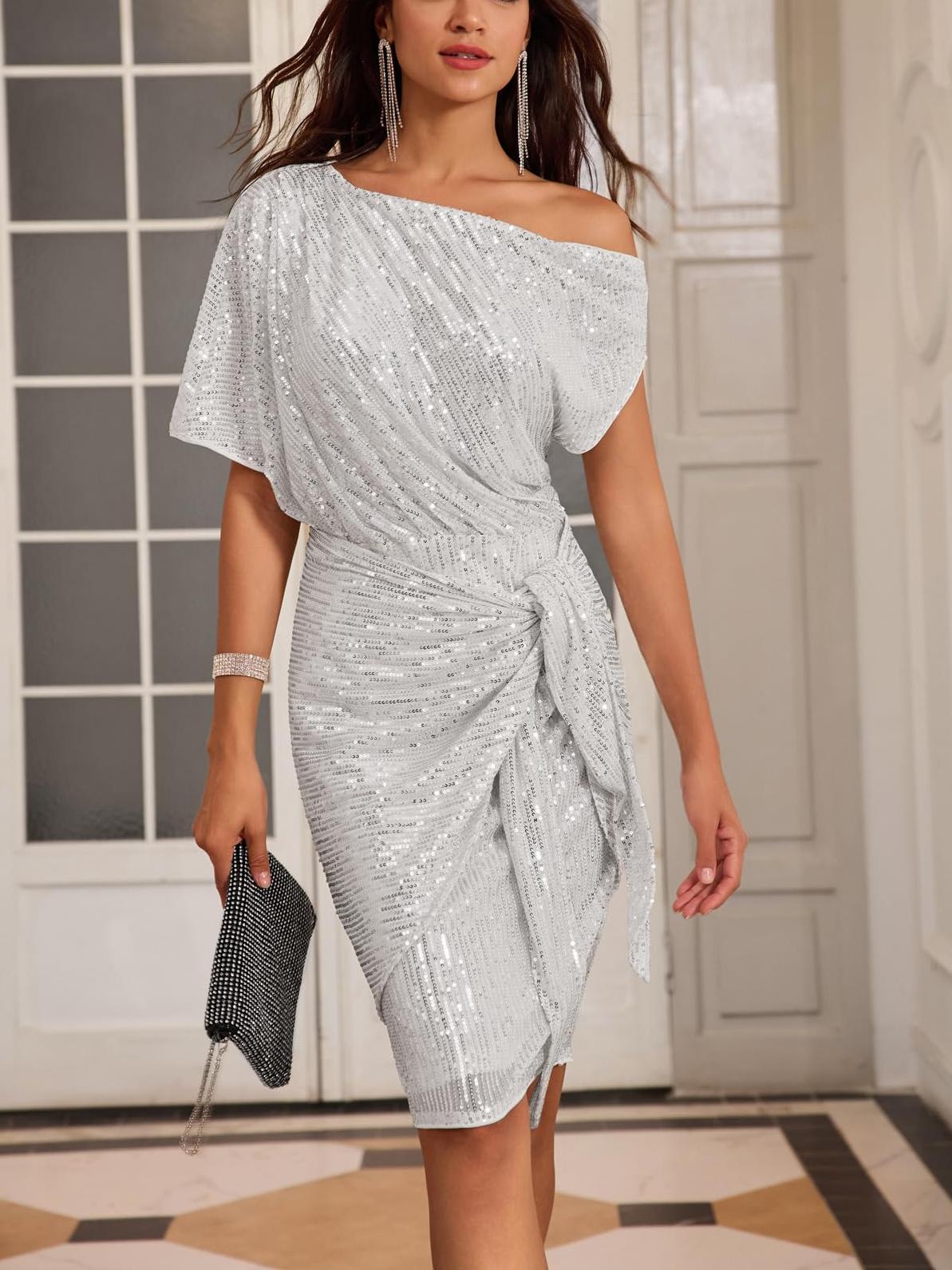 ⏰Hot Sale-Damen Pailletten Glitzer One-Shoulder gerafftes Bodycon-Kleid (Kaufe 2 versandkostenfrei)