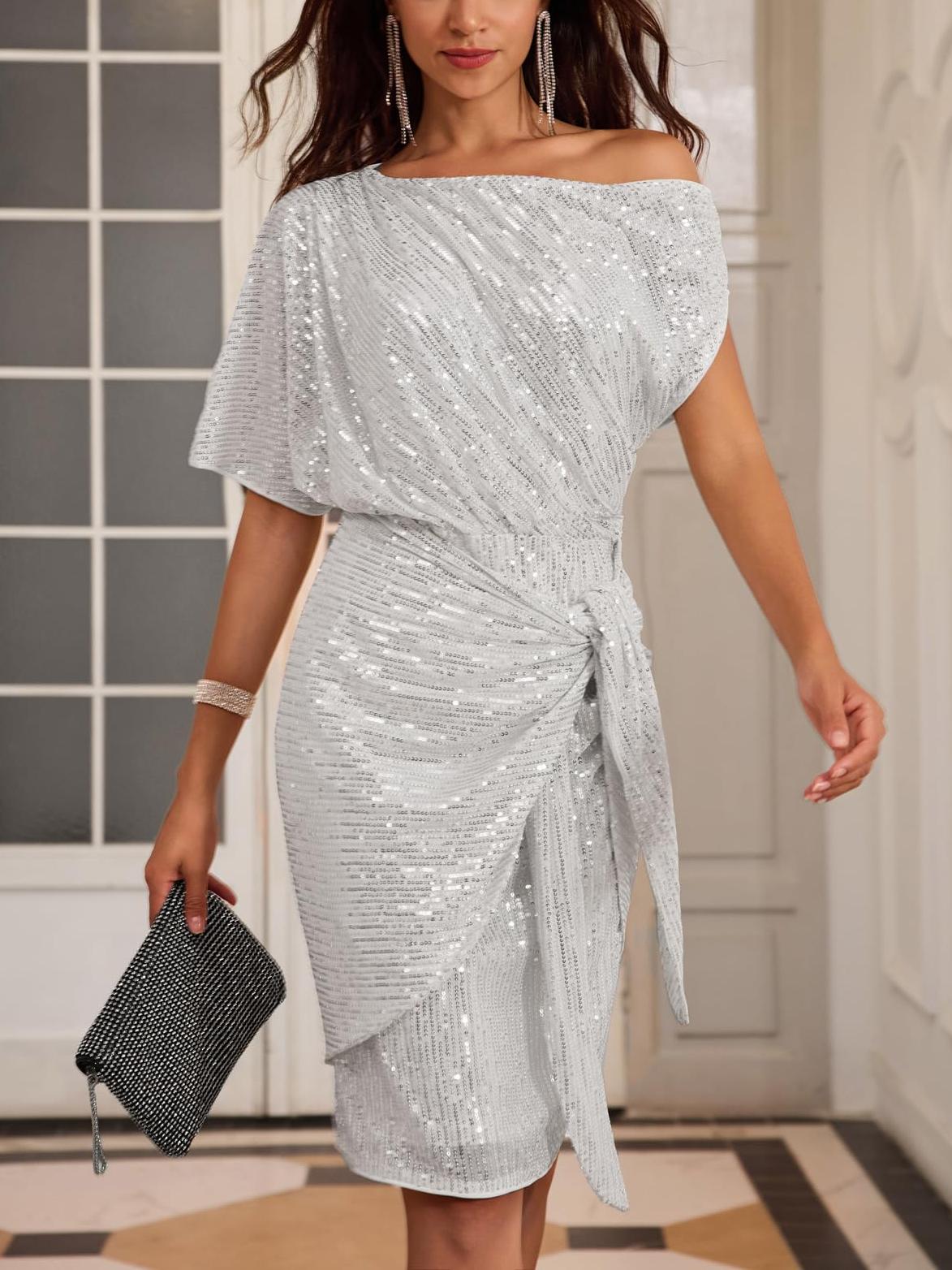 ⏰Hot Sale-Damen Pailletten Glitzer One-Shoulder gerafftes Bodycon-Kleid (Kaufe 2 versandkostenfrei)