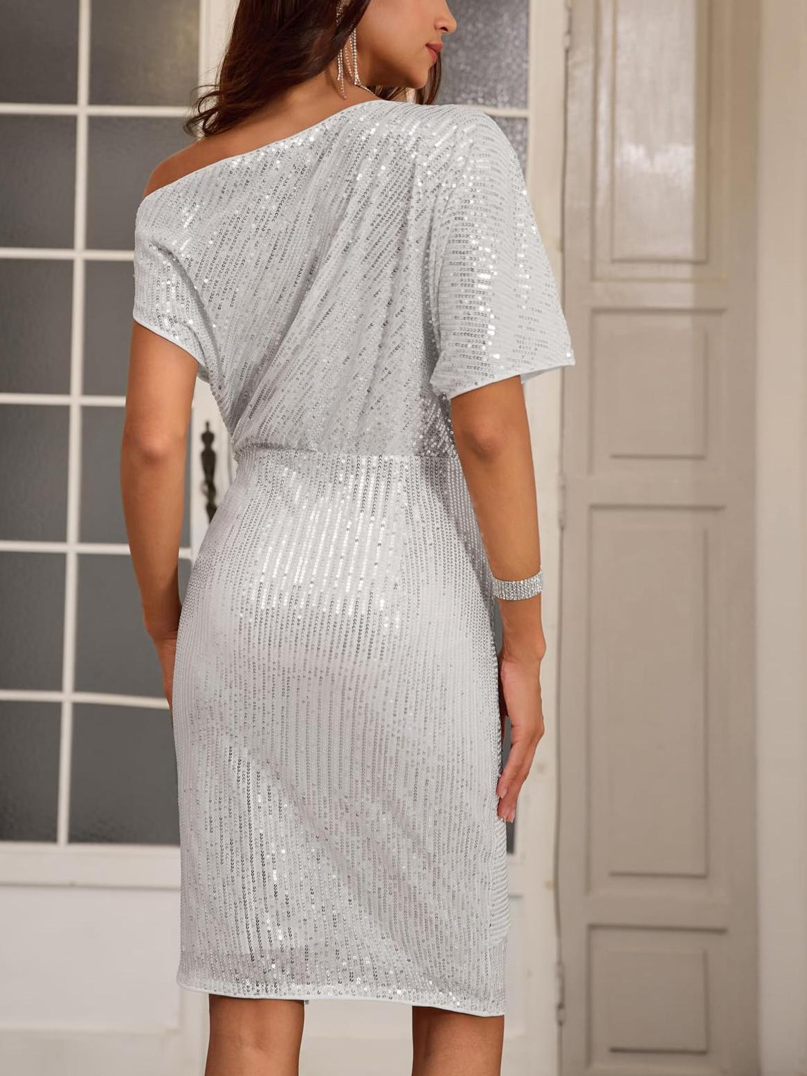 ⏰Hot Sale-Damen Pailletten Glitzer One-Shoulder gerafftes Bodycon-Kleid (Kaufe 2 versandkostenfrei)