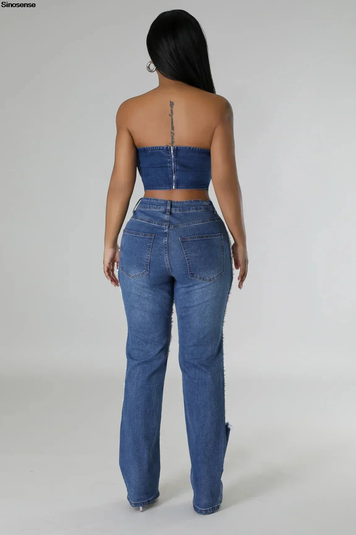 Damen Destroyed Ripped Loch Jeans Hose Perlen Strass Kette Distressed Slim Fit Skinny Jeans Y2K Nachtclub Party Jeans