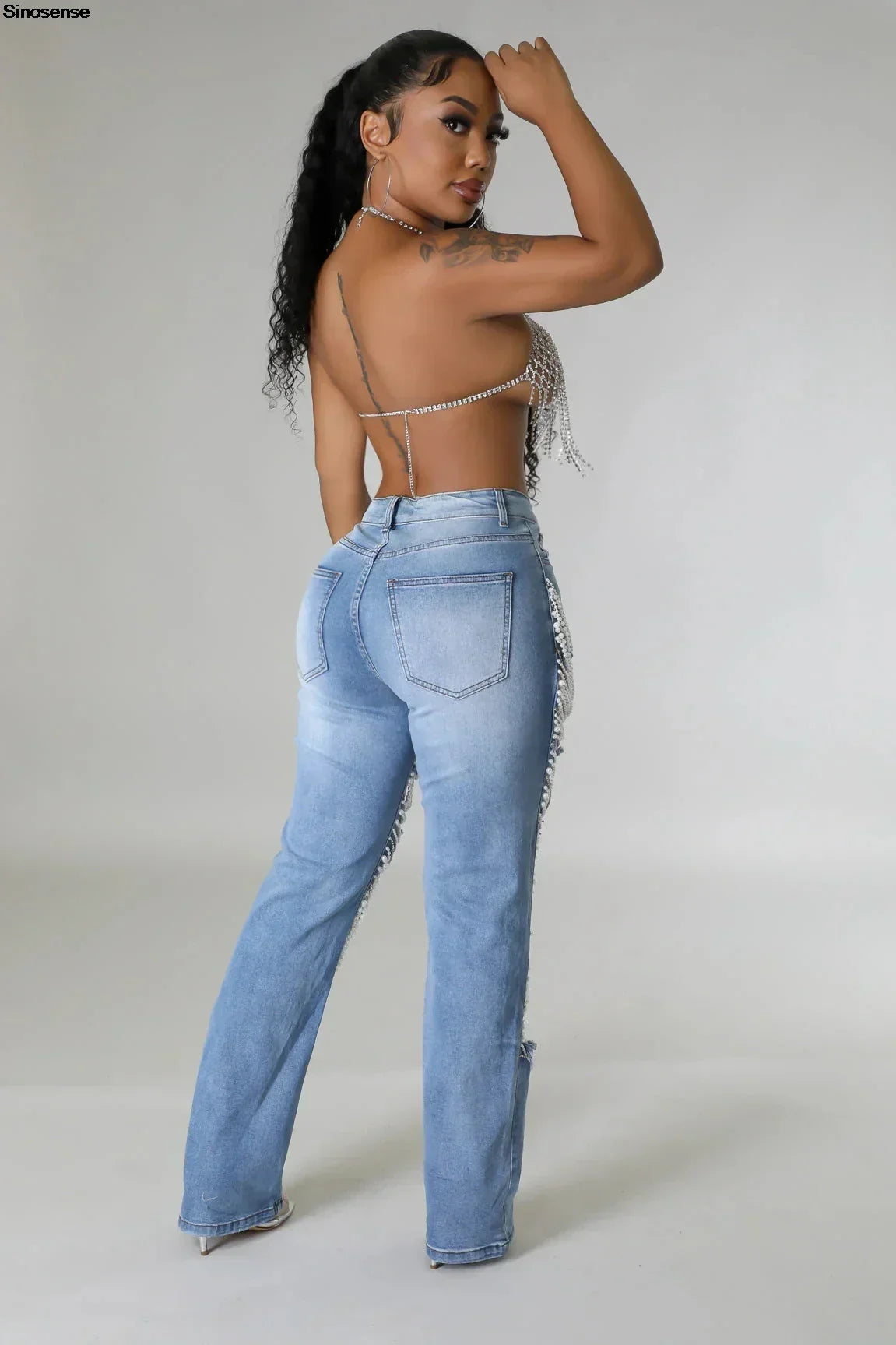 Damen Destroyed Ripped Loch Jeans Hose Perlen Strass Kette Distressed Slim Fit Skinny Jeans Y2K Nachtclub Party Jeans