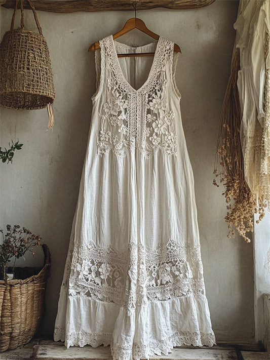 Vintage Floral Hohlspitze Leinen Maxikleid