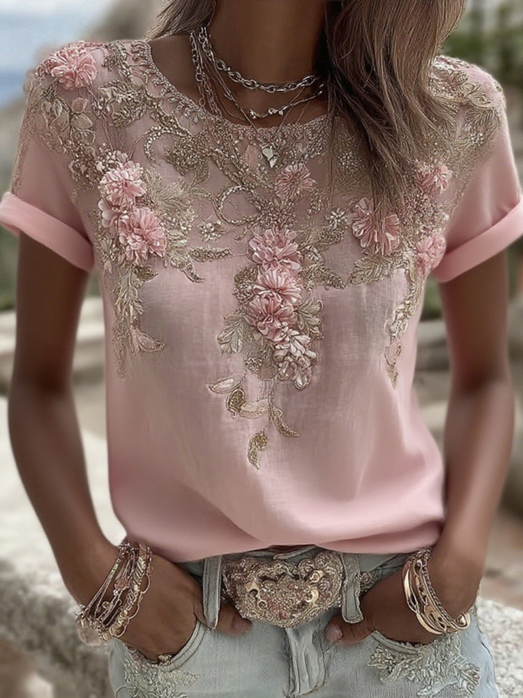 Damen Vintage T-Shirt mit rosa Rosenstickerei, Rundhals und kurzen Ärmeln aus Leinenmischung