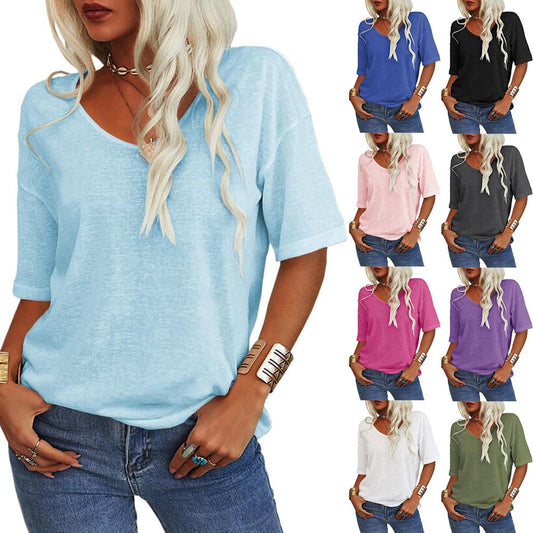 Damen V-Ausschnitt T-Shirt in Unifarbe [Im Angebot & schneller Versand!]