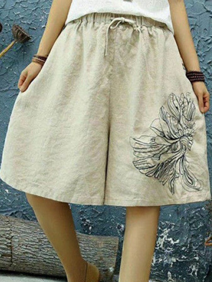 Legere Cropped-Hose aus Baumwolle und Leinen mit floraler Stickerei