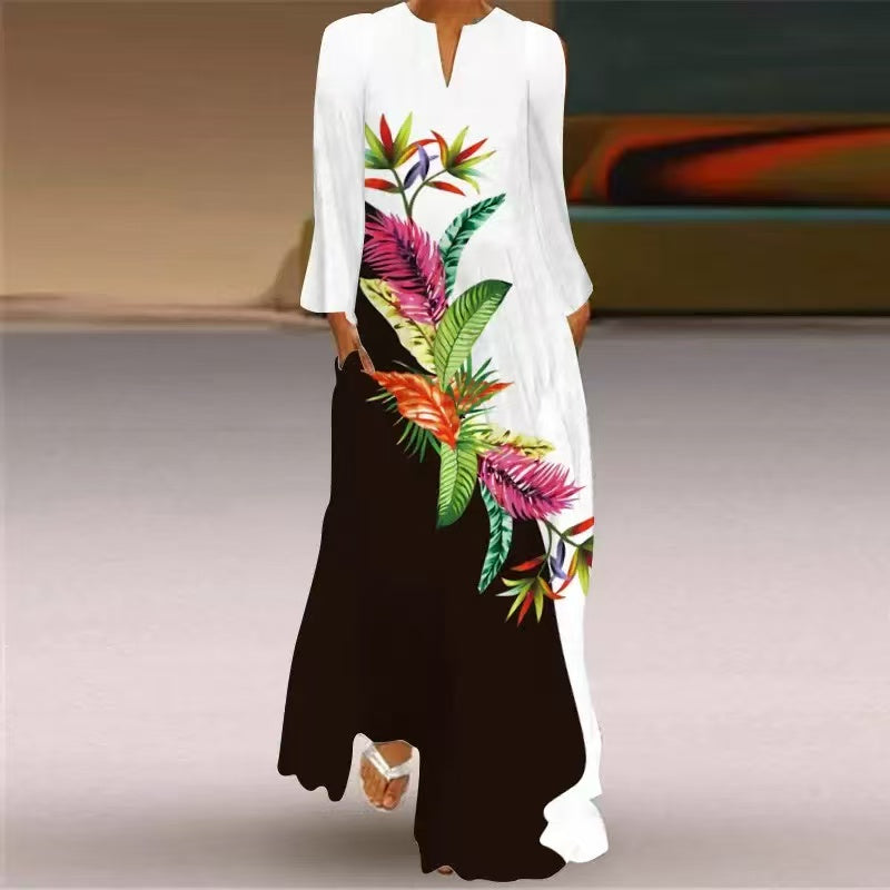 Women's White Floral Print V Neck Long Sleeve Dress