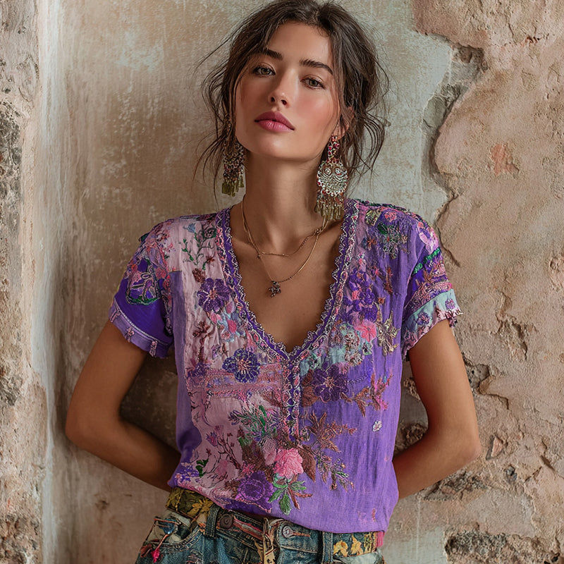 Damen Bohème Blumenstickerei Kunst V-Ausschnitt Kontrastfarbe Leinenmischung T-Shirt