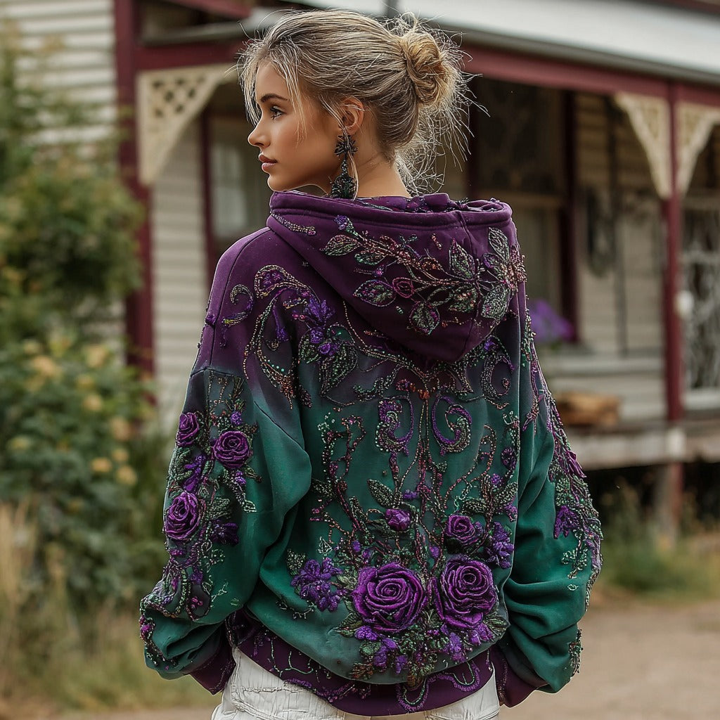 Damen Retro Hoodie mit lilafarbenem Rosen-Farbverlauf