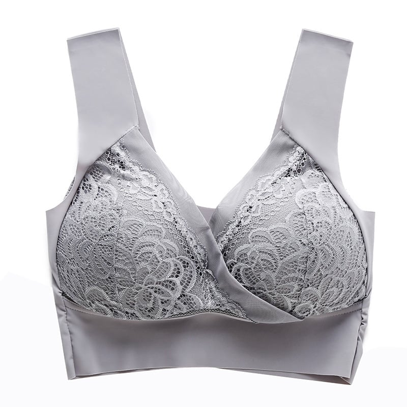 Grau - Große Größen Komfort Extra Elastischer Drahtloser Spitzen-BH