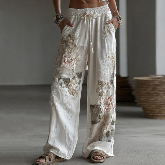Damen Retro Leinenhose mit floralem Patchwork-Muster