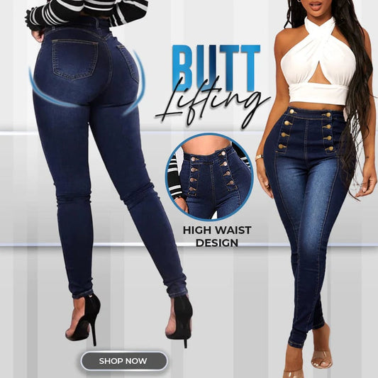 💥Zweireihige High Waist Skinny Jeans