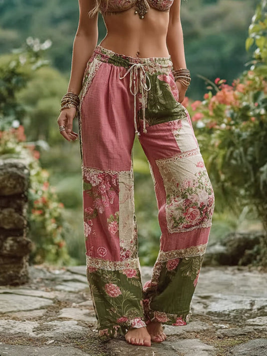 Damen Retro-Freizeithose mit Blumen-Patchwork