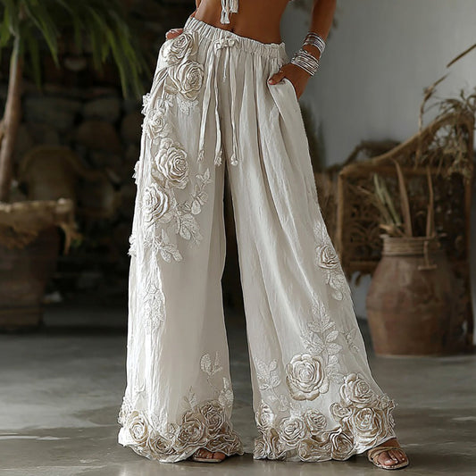 Damen Retro bestickte Leinenhose mit Blumenmuster im Casual-Look
