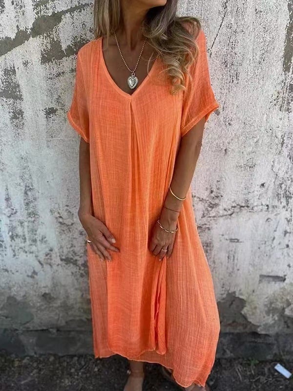 Cotton and Linen V-neck Midi Dress (Buy 2 Free Shipping)