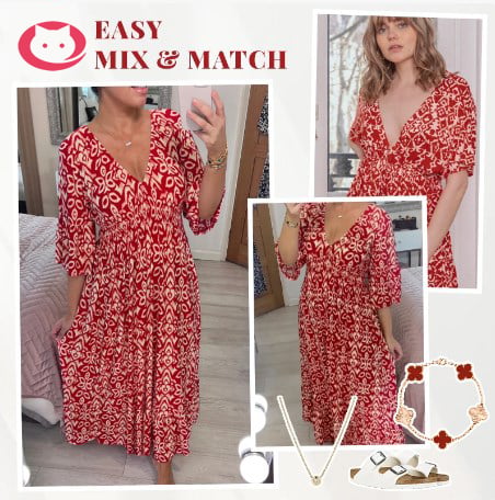 Böhmisches lässiges V-Ausschnitt-Wickelkleid mit Print und langer Taille