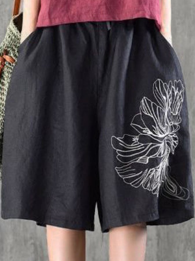 Legere Cropped-Hose aus Baumwolle und Leinen mit floraler Stickerei