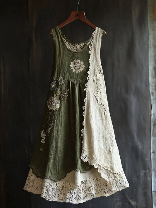 Vintage Floral-Spitze Patchwork Bequemes Leinen-Tanktop-Kleid