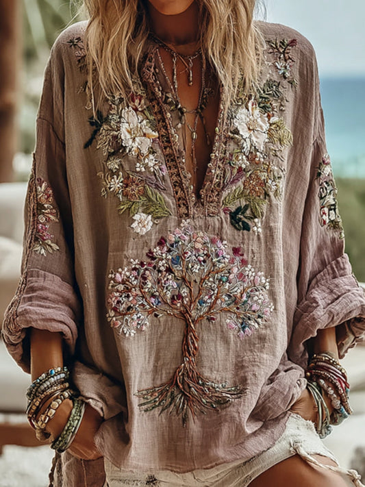Damen Tribal Lebensbaum Blumen Kunst Freizeit Hemd