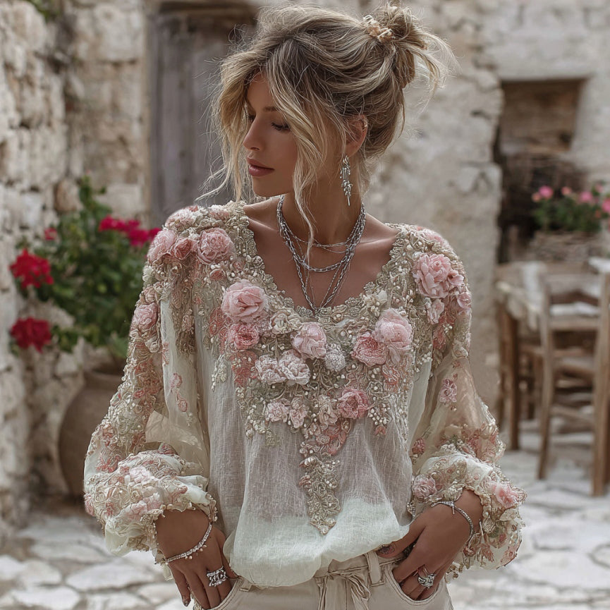 Damen Vintage Leinen-Mischgewebe T-Shirt mit Rundhalsausschnitt und rosa Rosenstickerei