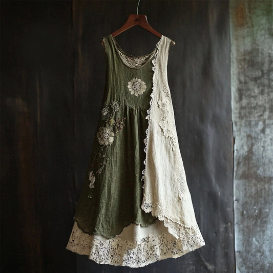 Vintage Floral-Spitze Patchwork Bequemes Leinen-Tanktop-Kleid