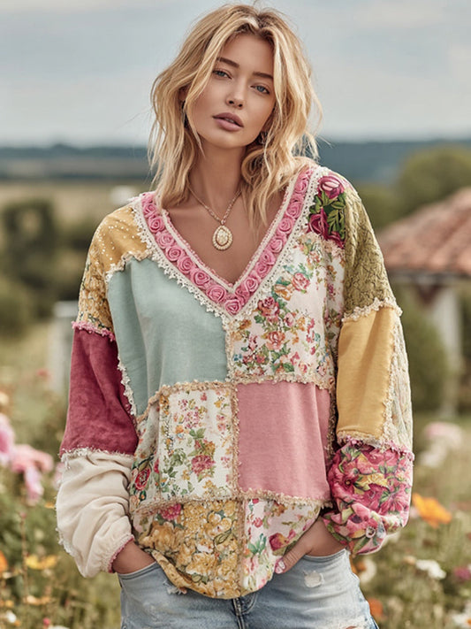 Damen Vintage Floral Patchwork Art Gemütliches Warmes Sweatshirt