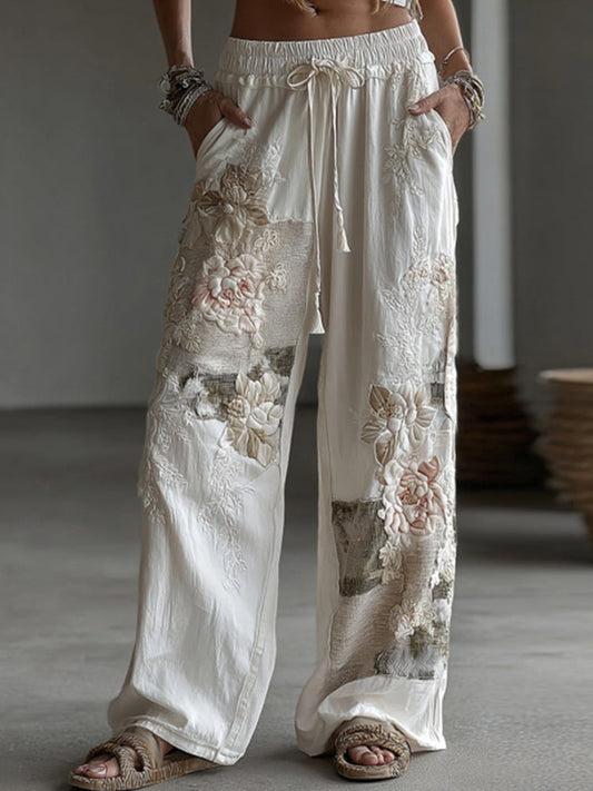 Damen Retro Leinenhose mit floralem Patchwork-Muster