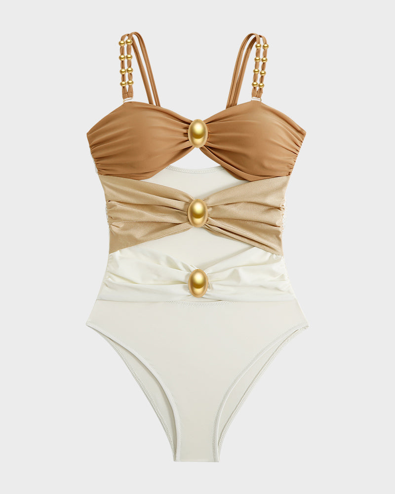 Badeanzug mit Goldperlen-Detail, Cut-Outs und Raffungen