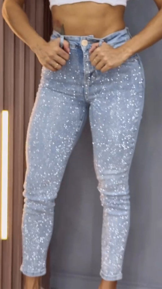 Damen einseitig elastische Jeans mit Strass, schmale Passform, lässig