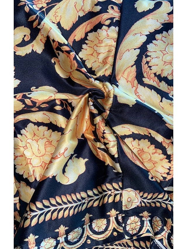 Damen Freizeitkleid Langarm Kleid im böhmischen Stil Langarm Blumenmuster Bindegürtel Frühling V-Ausschnitt