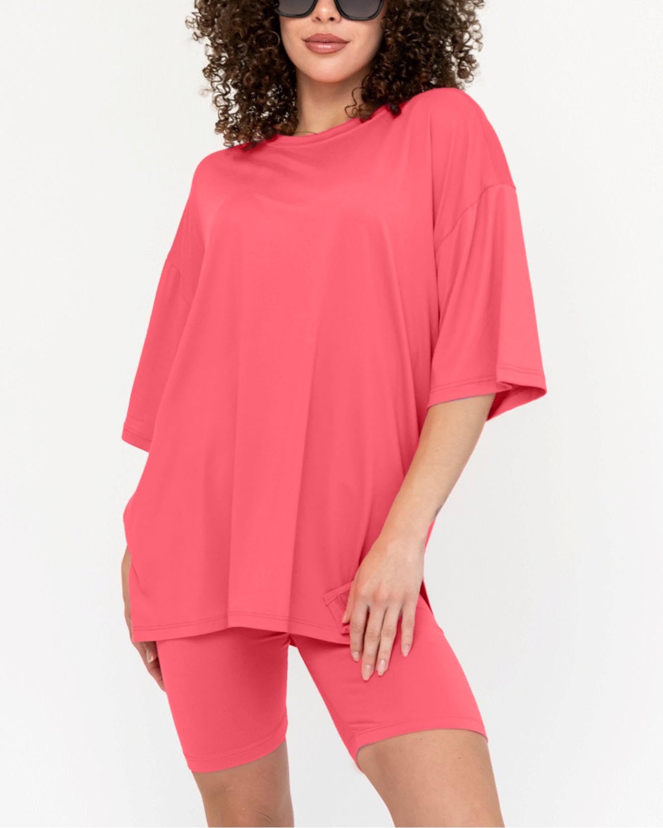 Damen Sommer Oversized Biker-Set mit Rundhalsausschnitt (2 kaufen, kostenloser Versand)