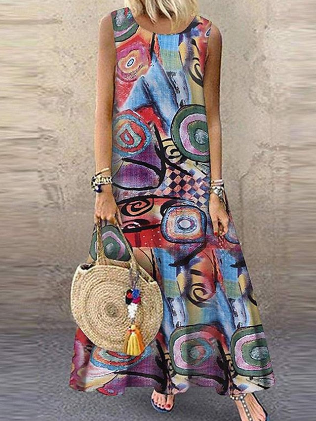 Damen Normales Baumwoll-Leinen-Kleid Elegant Vintage Strand Normal geschnitten Grafik Ärmellos Rundhalsausschnitt Rot Grün Sommer