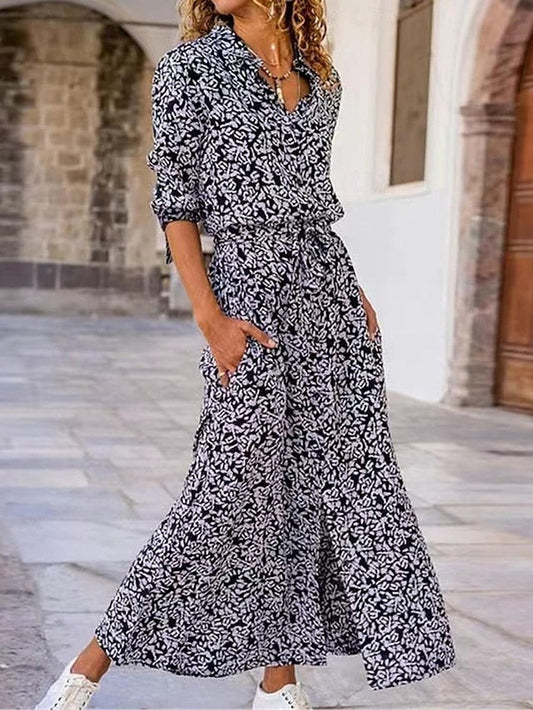 Damen Hemdblusenkleid Blumenmuster Taschenaufdruck Hemdkragen Langes Kleid Maxikleid Böhmisch Alltag Urlaub Langarm Sommer